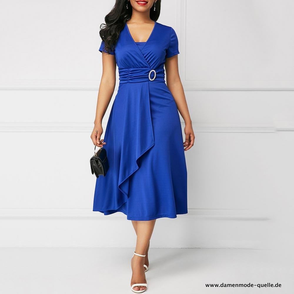 Elegantes Damen Kurzarm Asymmetrische Midi Party Kleid Blau