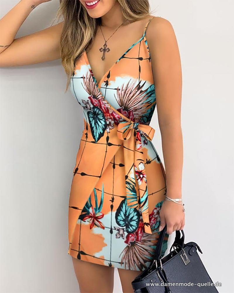 Tropical Druck V-Ausschnitt Kleid Ärmelloses Sommerurlaub Minikleid Orange