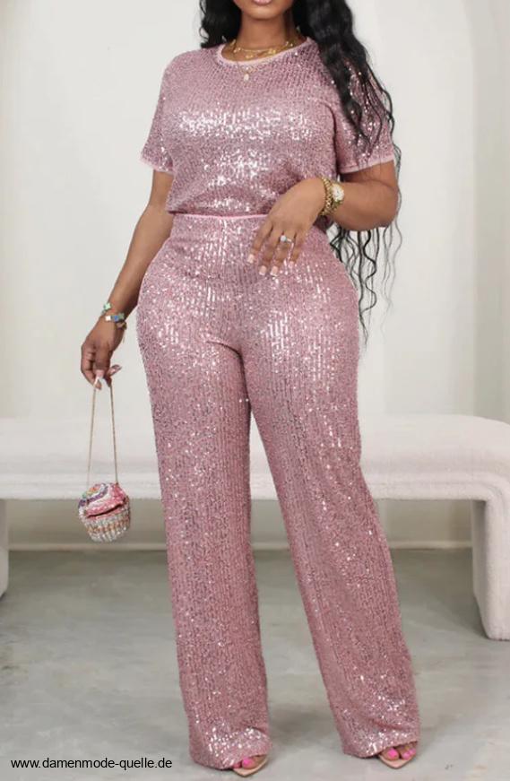Eleganter Zweiteiler Glitzer Outfit für Damen Kurzarm Shirt mit Hose im Set Rosa