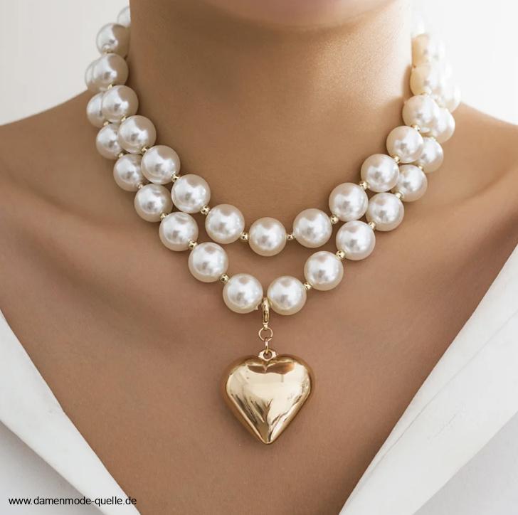 Perlen Kette Halskette Halskette für Damen mit herz Anhänger