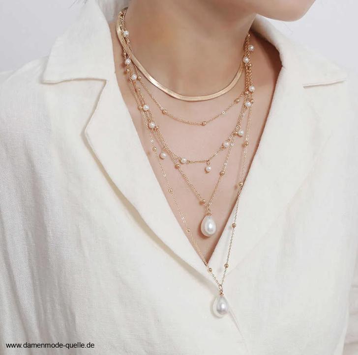 Multilayer Damen Perlen Halskette Gold