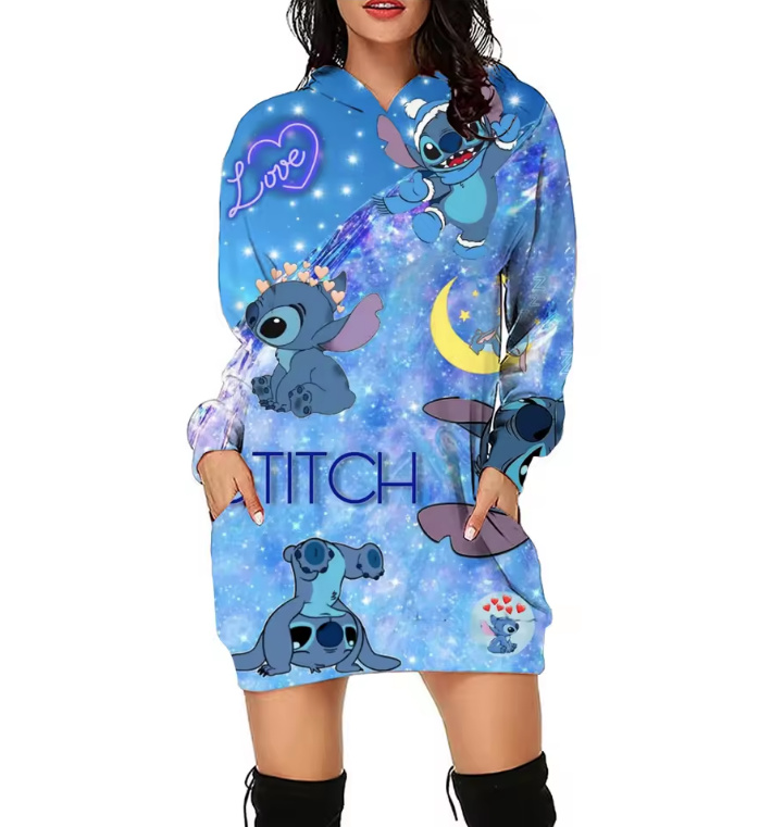 Stich Print Damen Long Hoodie Dala Hellblau
