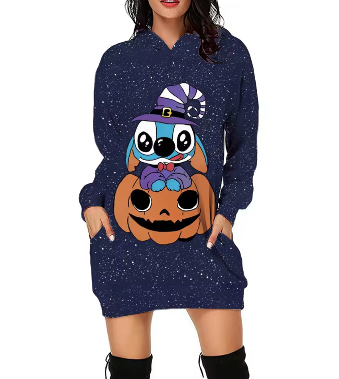Stich Print Damen Long Hoodie Dala Dunkelblau