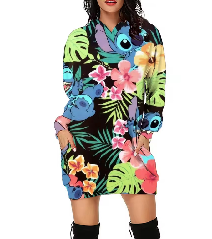 Stich Print Damen Long Hoodie Dala Bunt