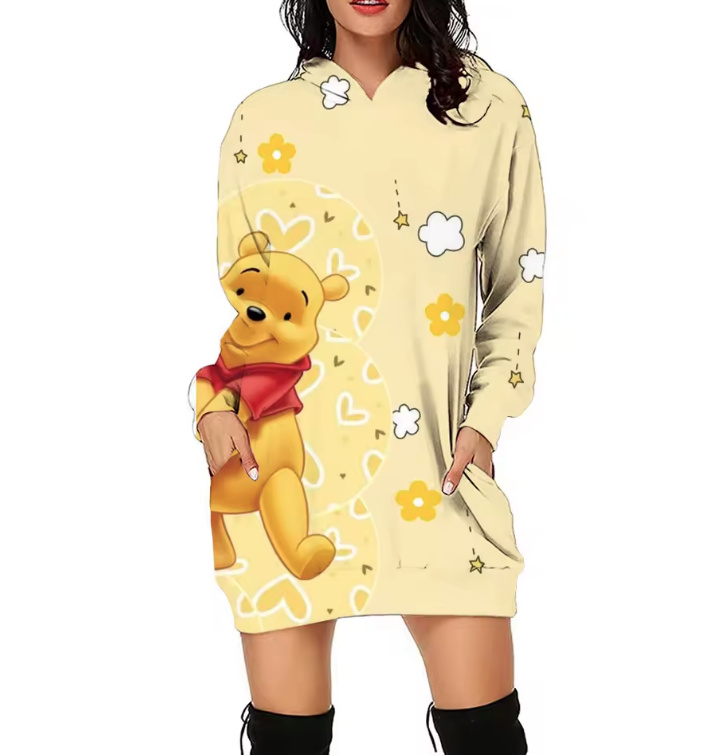 Winnie Print Damen Long Hoodie Dala Gelb