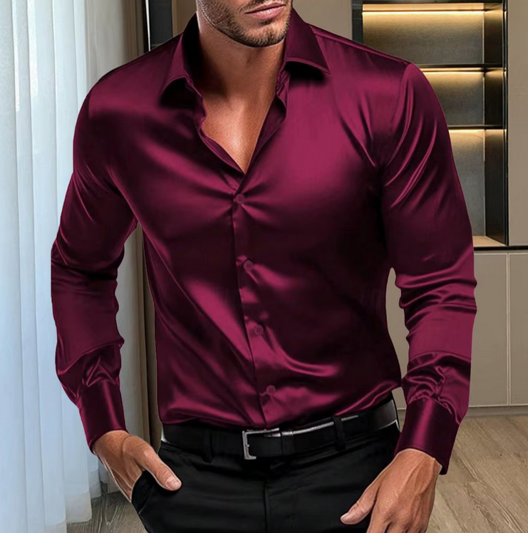 Satin Langarm Herren Hemd Elegant in Dunkelrot