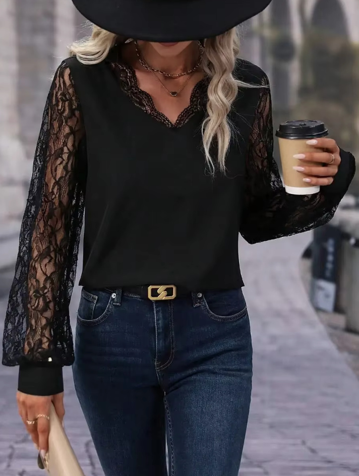 Elegantes Damen Bluse 2025 mit Ärmeln aus Spitze Schwarz