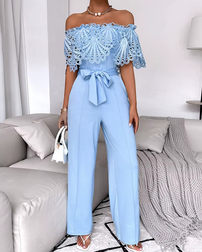 Damen Einteiler 2025 Jumpsuit Schulterfrei Elegant in Hellblau mit Spitze
