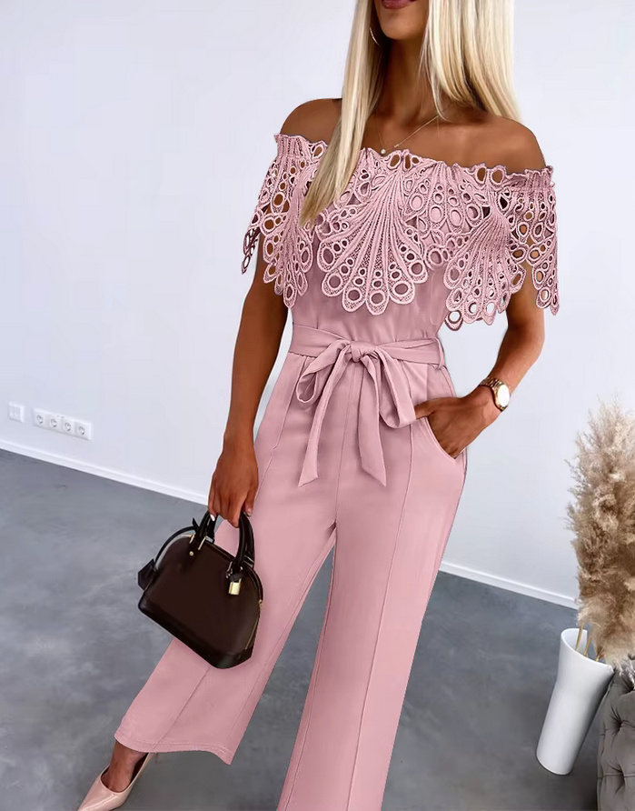 Damen Einteiler 2025 Jumpsuit Schulterfrei Elegant in Rosa mit Spitze