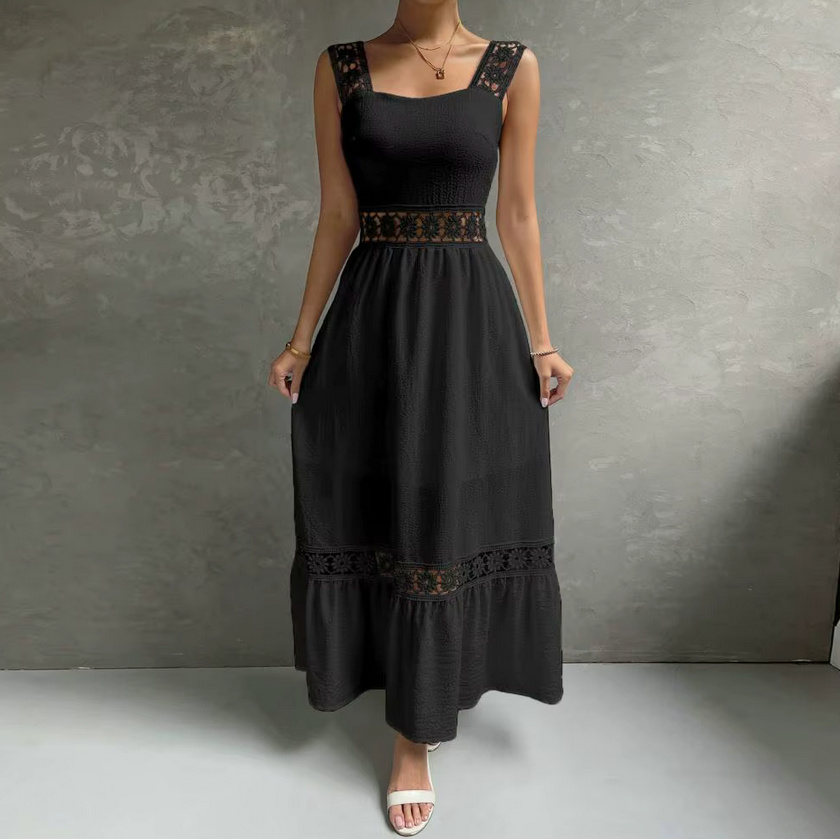 Schwarzes Boho Sommerkleid 2025 Knöchellang mit Spitze