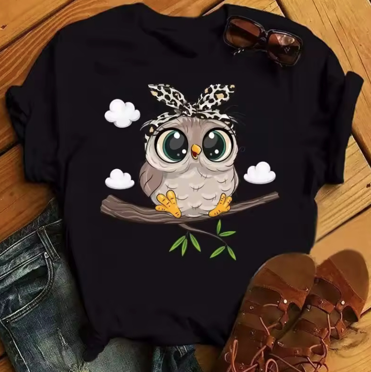 Cartoon Eule T Shirt 2025 für Damen Schwarz