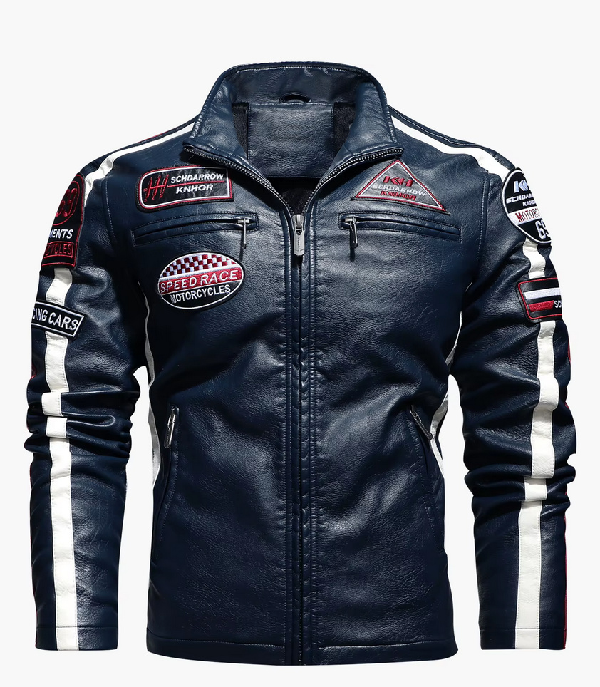 PU Leder Herren Motorrad Jacke Dunkelblau