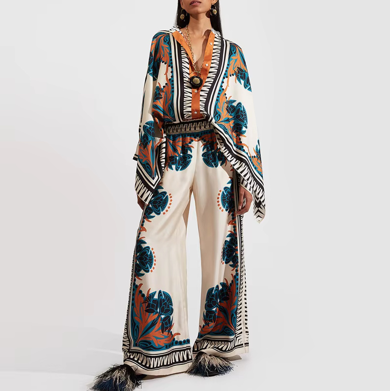 Satin Sommer Zweiteiler 2025 Damen Outfit mit Vintage Muster
