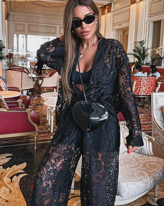 Eleganter Zweiteiler für Damen 2025 Sexy Outfit aus Spitze in Schwarz