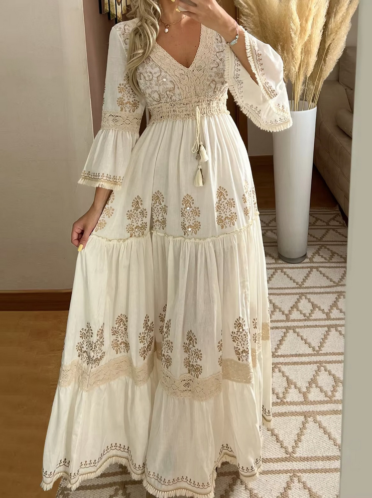  A-Linie Boho Sommerkleid 2025 in Elfenbein Lang mit Spitze
