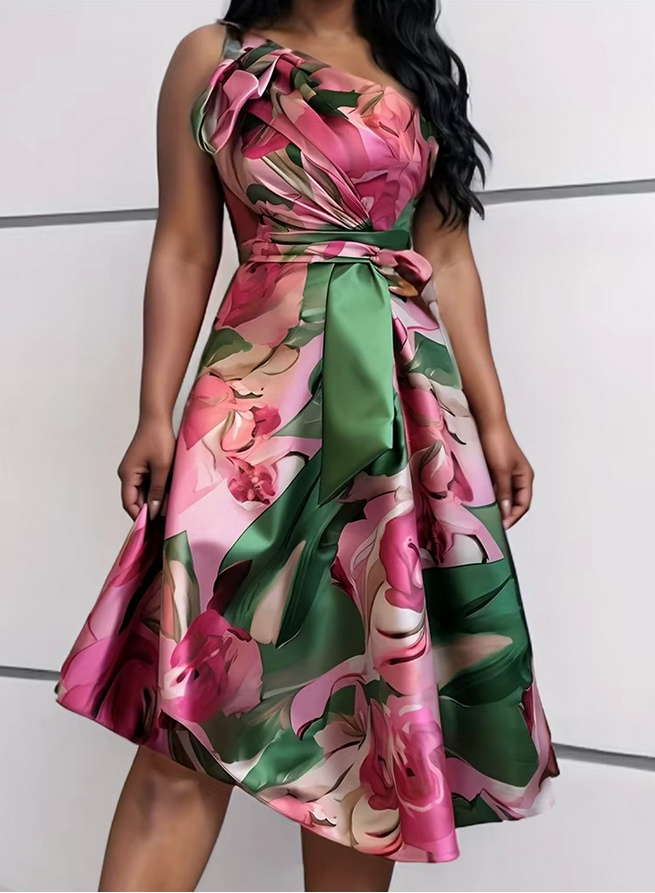 One Shoulder Satin Sommerkleid 2025 Asymmetrisch Elegant mit Blumenmuster