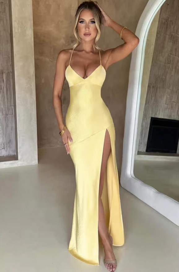 Sexy Spaghettiträger Satin Sommerkleid 2025 Elegant in Gelb