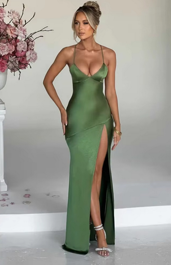 Sexy Spaghettiträger Satin Sommerkleid 2025 Elegant in Grün