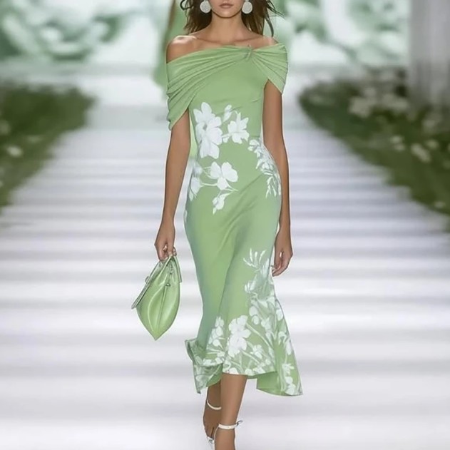 Elegantes Meerjungfrau Sommerkleid in Hellgrün mit Blumenmuster