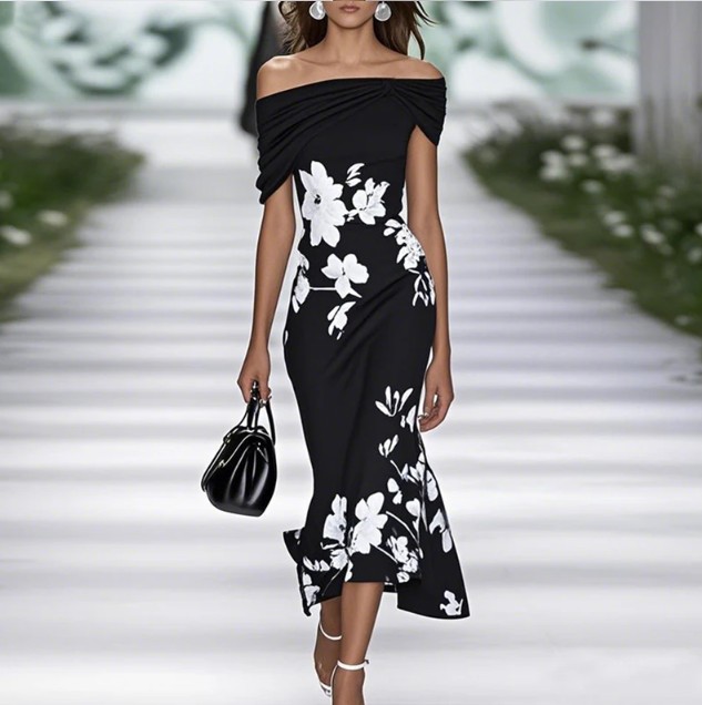 Elegantes Meerjungfrau Sommerkleid in Schwarz mit Blumenmuster