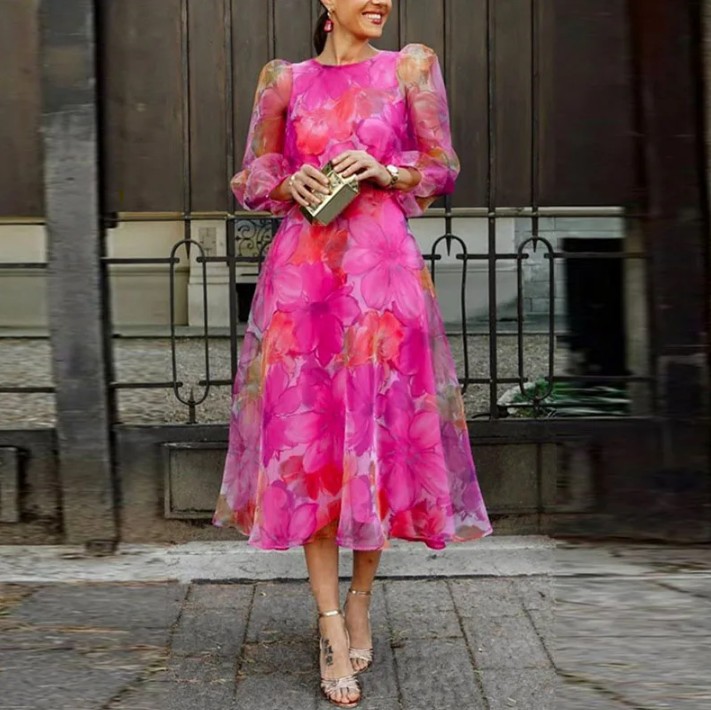 Langarm Chiffon Sommerkleid 2025 Elegant in Pink mit Blumenmuster