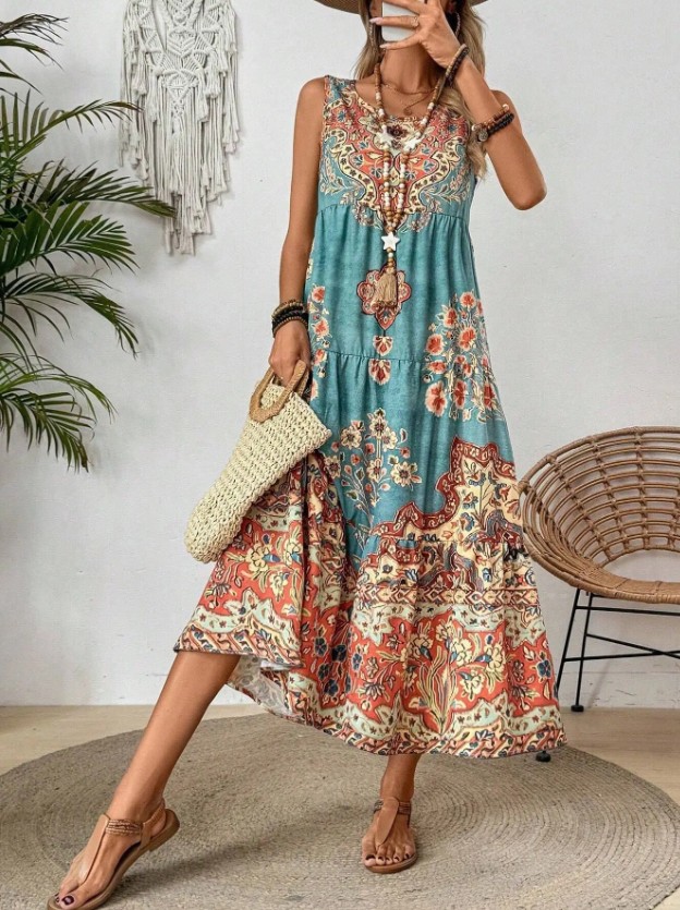  A-Linie Maxi Sommerkleid 2025 Ebba mit Vintage Muster
