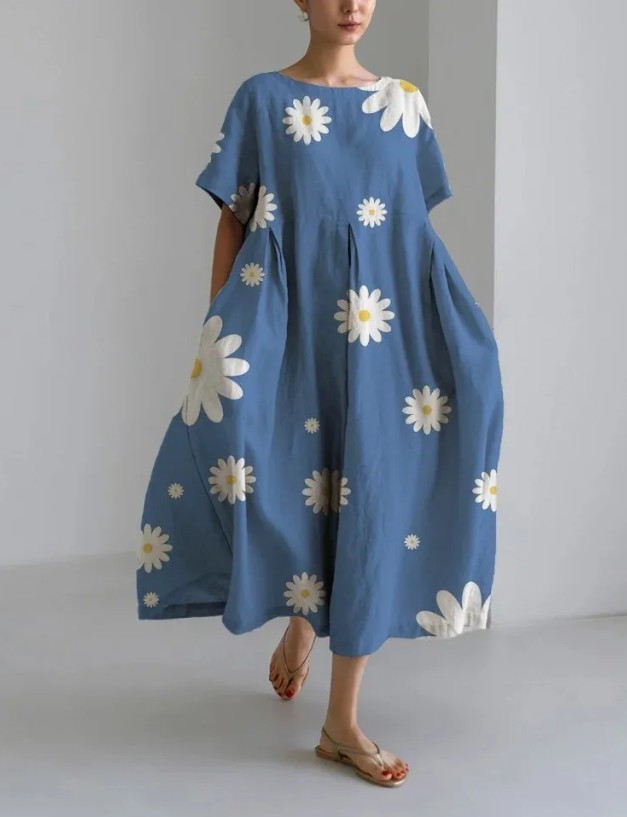  A-Linie Maxi Sommerkleid 2025 Lang in Blau mit Margeriten
