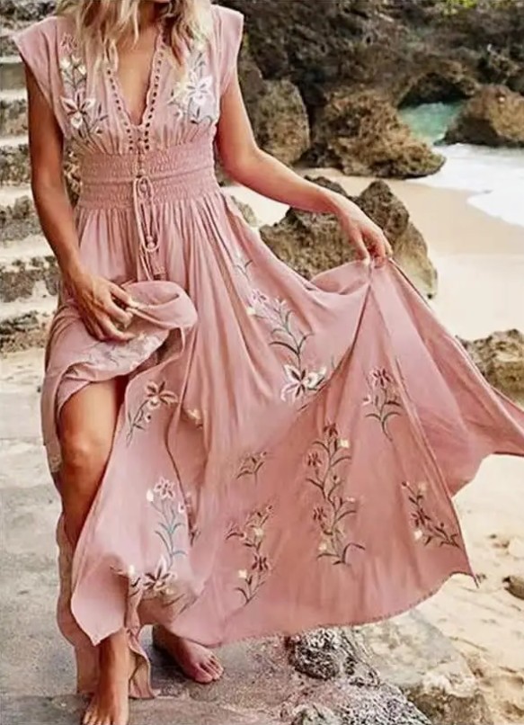  A-Linie Maxi Sommerkleid 2025 Eleonora in Lachs mit Blumen