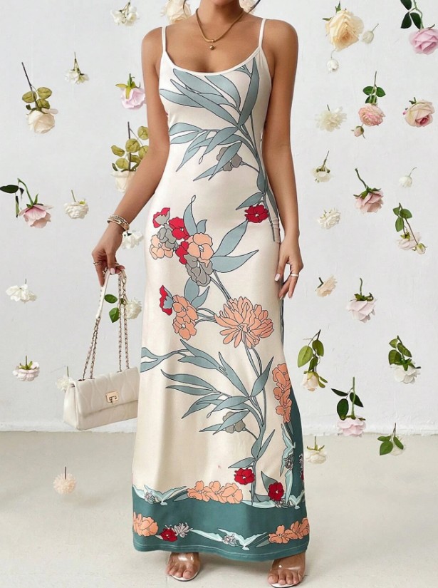 I Linie Satin Maxi Sommerkleid 2025 Emielia Weiß mit Blumenmuster