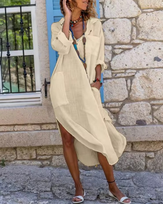 Langes Baumwoll - Leinen Sommerkleid 2025 in Creme