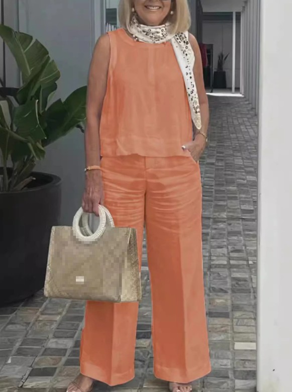 Baumwoll - Leinen Sommer Set 2025 Ärmellos in Orange