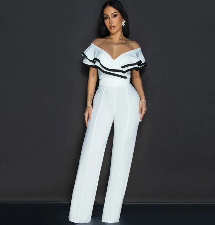 Eleganter Jumpsuit 2025 Einteiler Lang in Weiß mit Rüschen