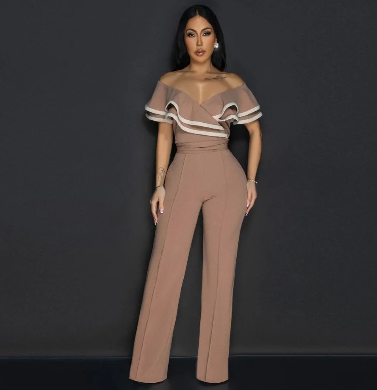Eleganter Jumpsuit 2025 Einteiler Lang in Khaki mit Rüschen