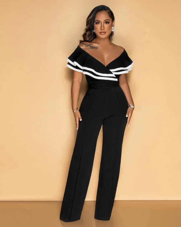 Eleganter Jumpsuit 2025 Einteiler Lang in Schwarz mit Rüschen