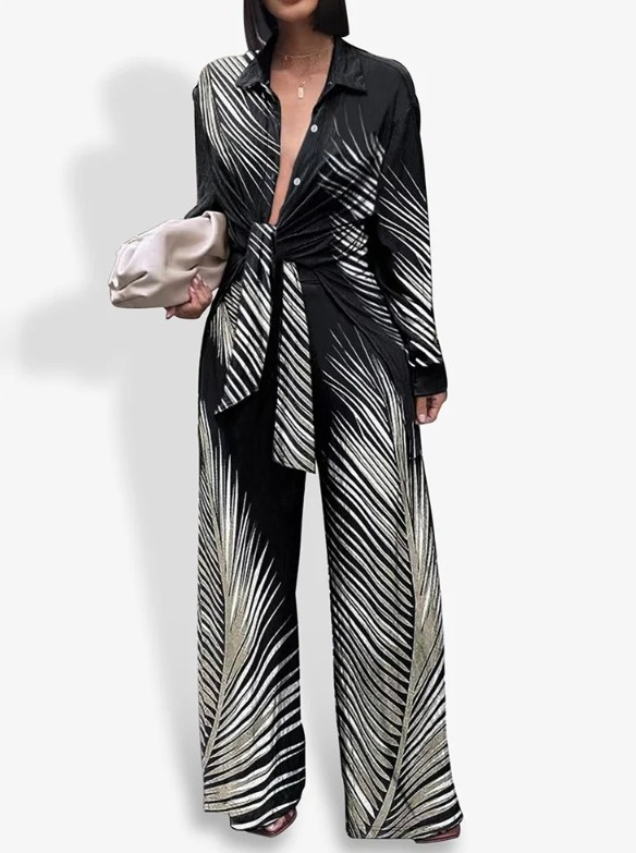  Damen Sommer Zweiteiler 2025 Elegant in Schwarz mit Palmen Muster