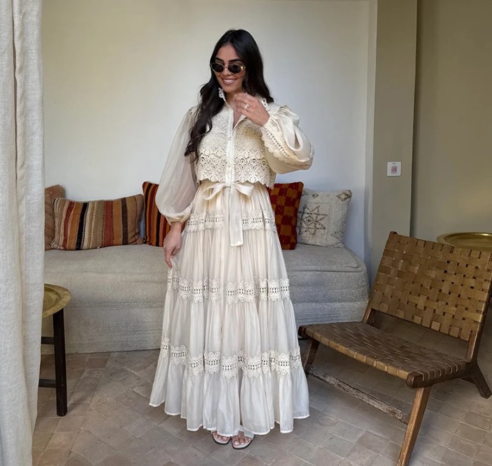 Boho Style Sommerkleid 2025 mit Laternen Ärmel und Spitze Ivory
