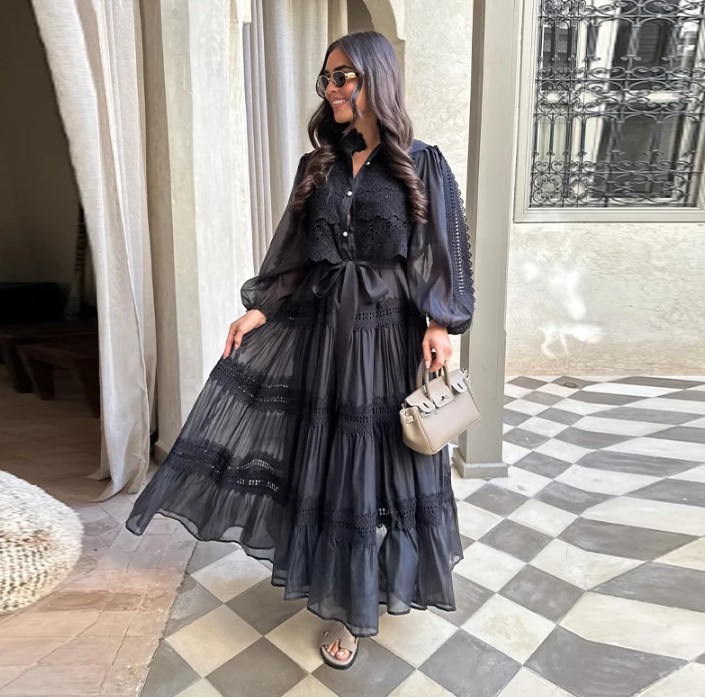Boho Style Sommerkleid 2025 mit Laternen Ärmel und Spitze Schwarz