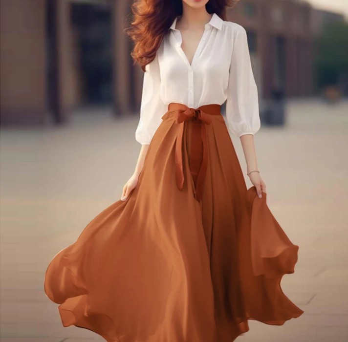 Patchwork Chiffon Sommerkleid Elegant in Weiß Orange