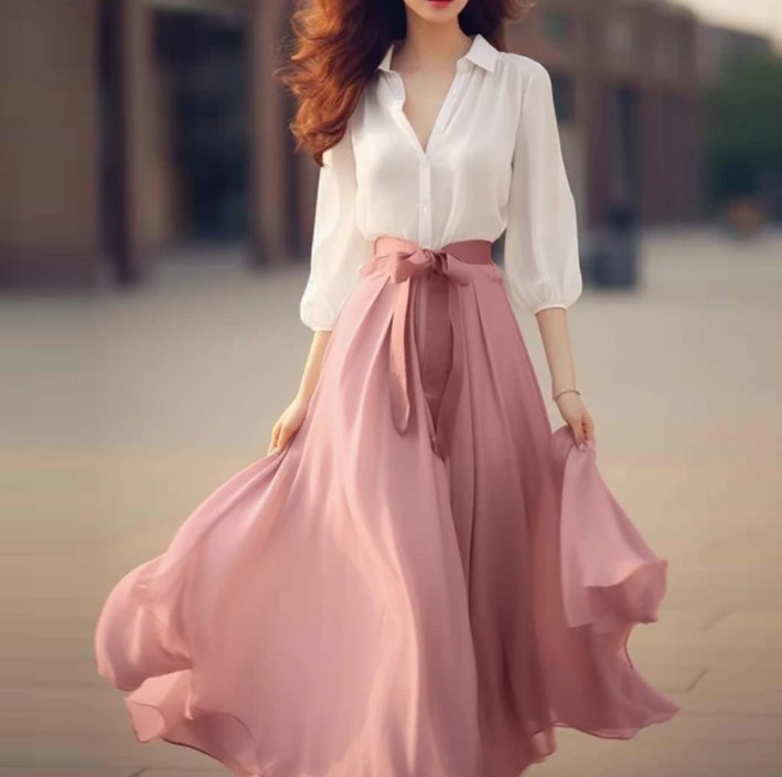 Patchwork Chiffon Sommerkleid Elegant in Weiß Lachs