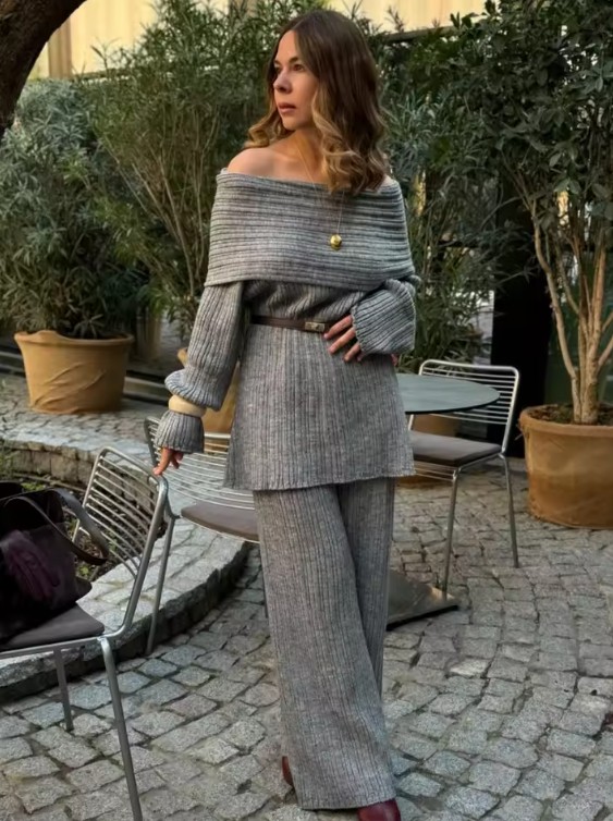 Damen Zweiteiler Gestrickt Herbst - Winter Outfit Schulterfrei