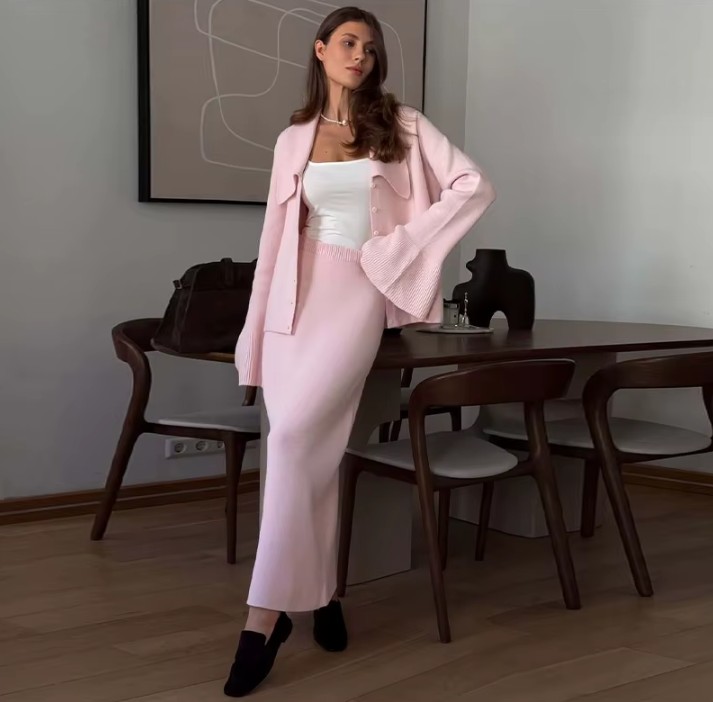 Damen Zweiteiler Outfit Gestrickt in Rosa