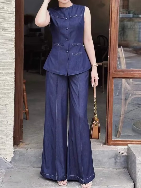 Damen Jeans Outfit Zweiteiler Ärmellos in Blau