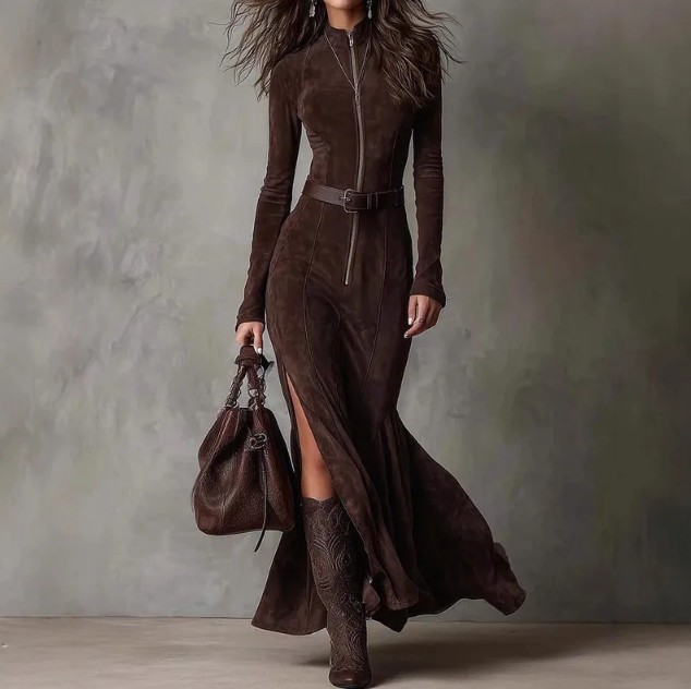  A-Linie Langarm Wildleder Stil Kleid Elegant in Braun