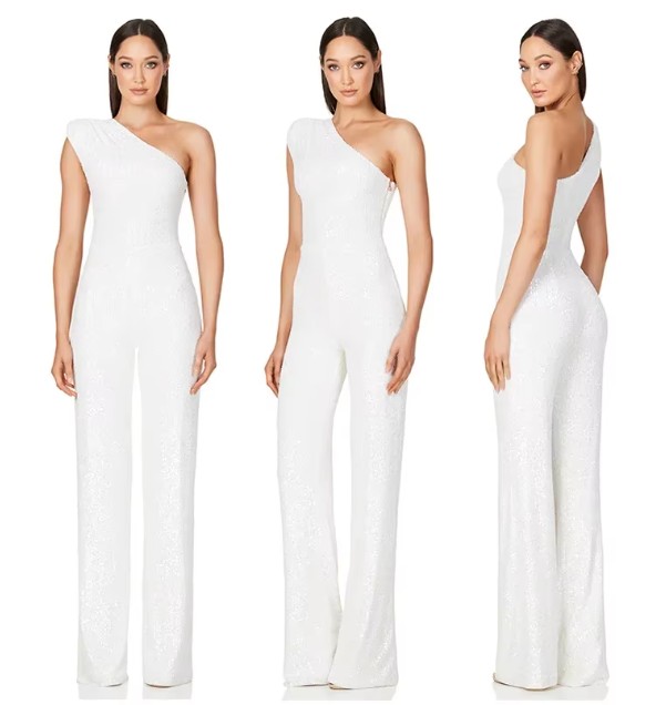 One Shoulder Glitzer Einteiler Jumpsuit Elegant und Festlich in Weiß
