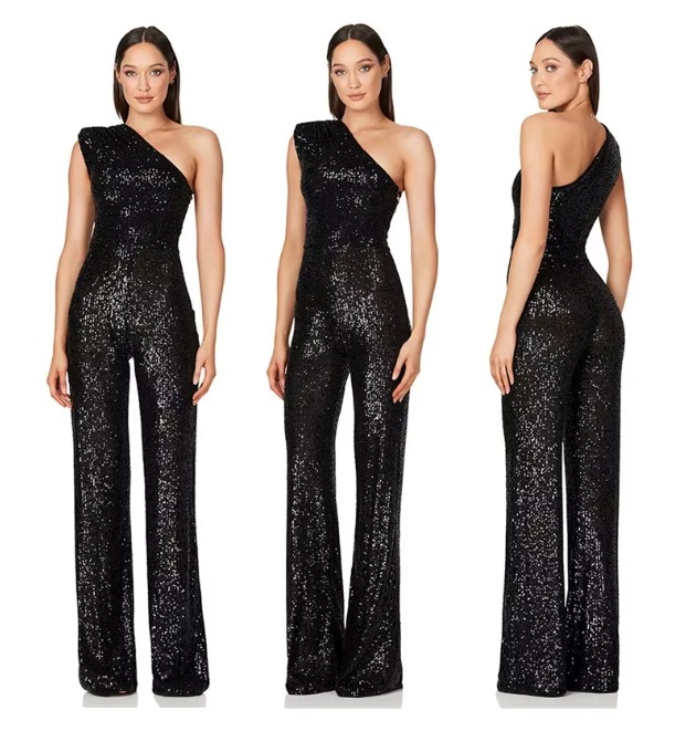 One Shoulder Glitzer Einteiler Jumpsuit Elegant und Festlich in Schwarz