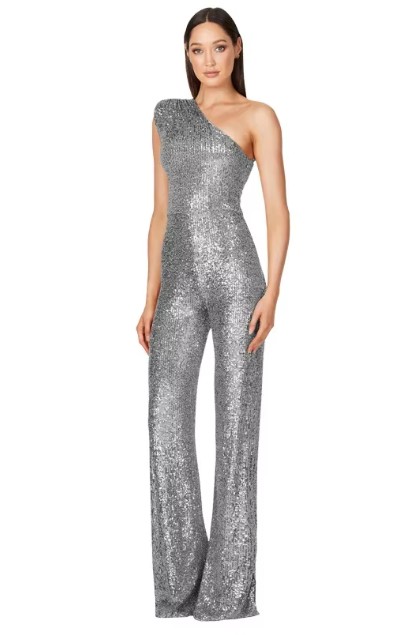 One Shoulder Glitzer Einteiler Jumpsuit Elegant und Festlich in Silber