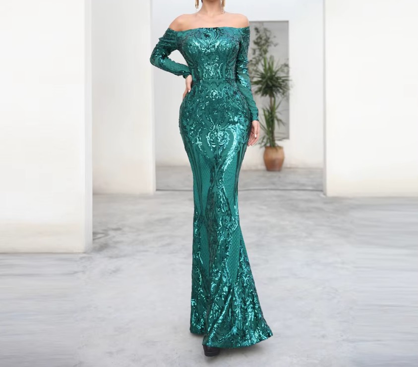 Schulterfreies Pailletten Glitzer Abendkleid Dafne Bodenlang in Grün