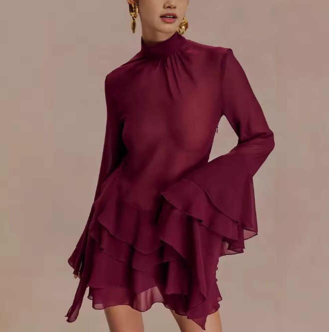 Sexy Langarm Chiffon Minikleid mit Trompetenärmeln Rot