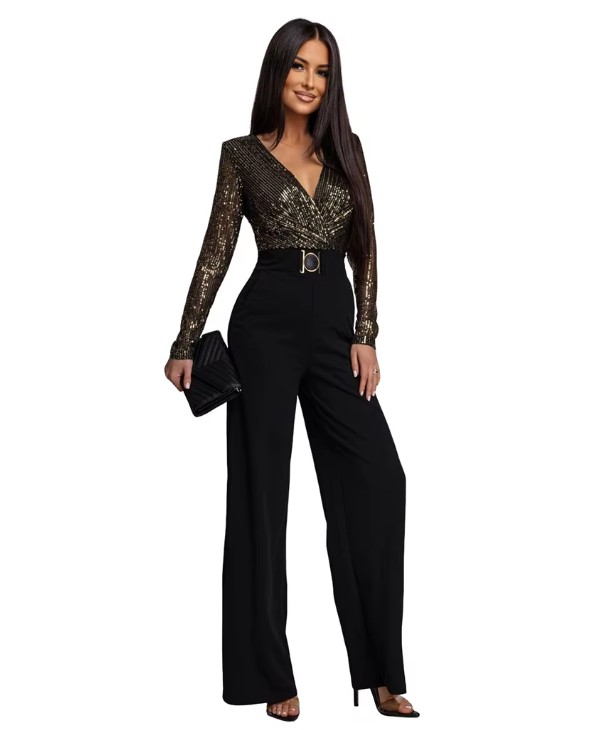 Glitzer Pailletten Einteiler Jumpsuit Danica Elegant in Gold Schwarz