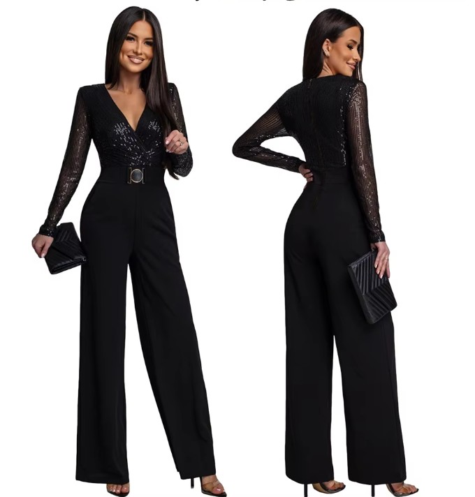 Glitzer Pailletten Einteiler Jumpsuit Danica Elegant in Schwarz